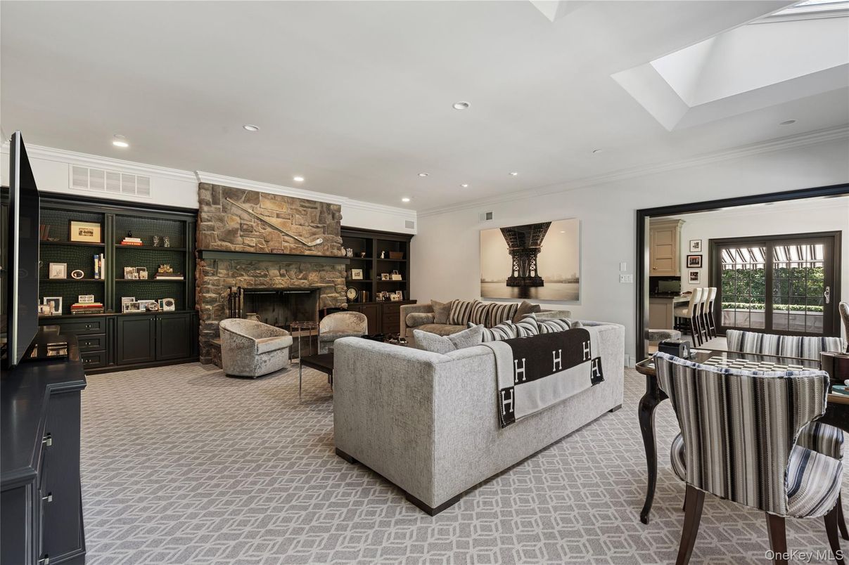 Fireplace, Interior, Living room, Recessed Lighting, Stone Walls
