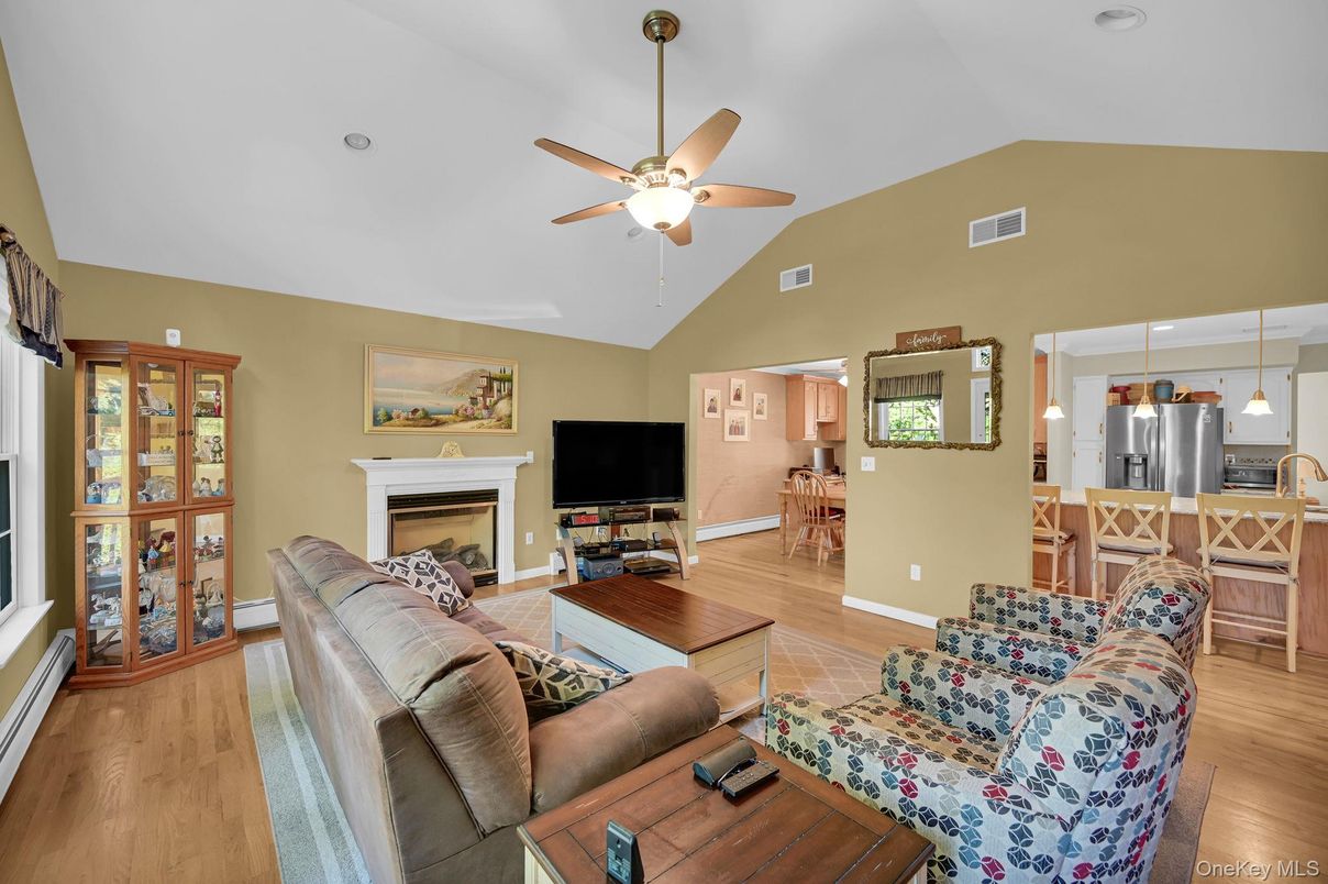 Fireplace, Interior, Kitchen, Living room, Pendant Lights, Wood Texture Flooring