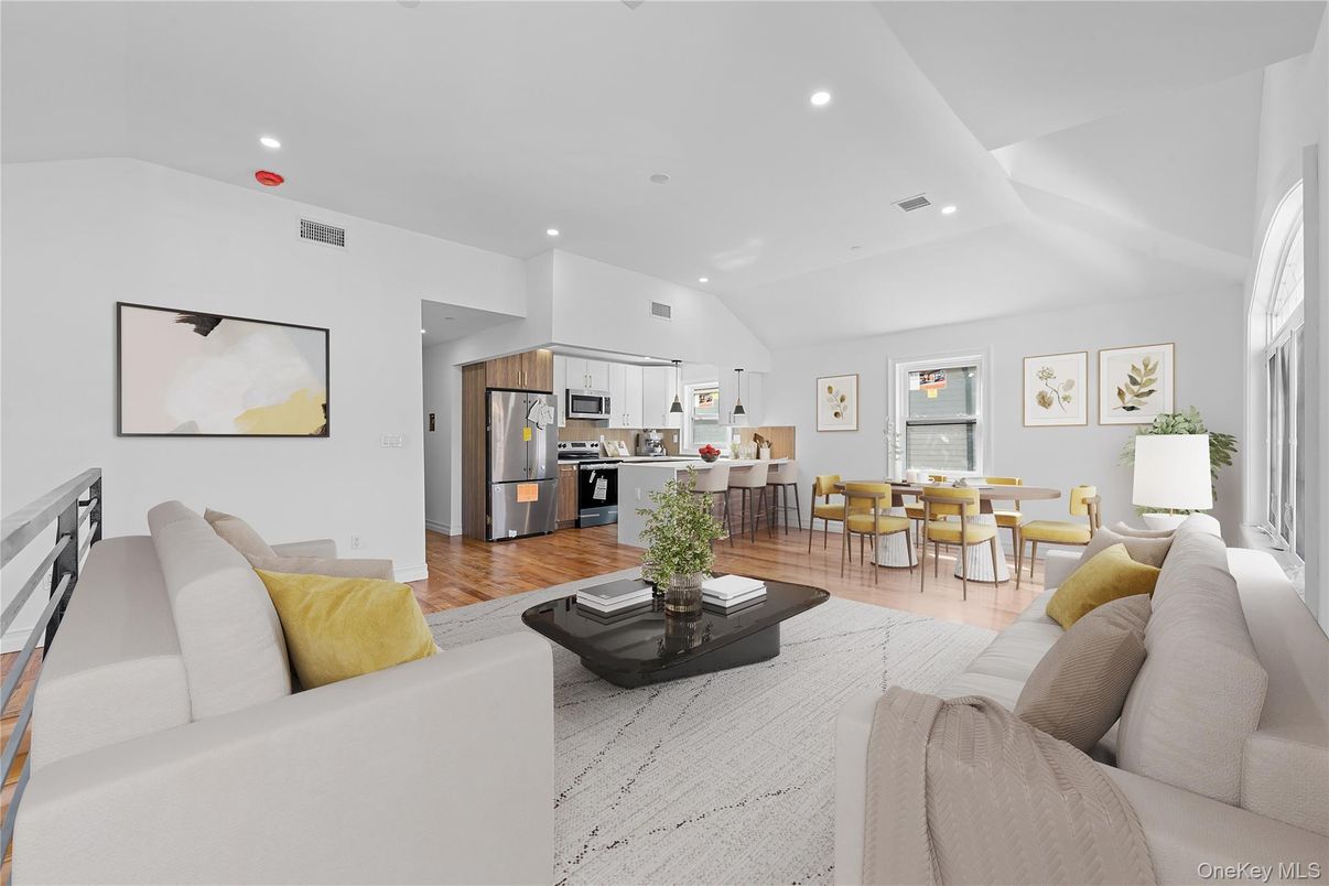Dining room, Interior, Kitchen, Living room, Recessed Lighting, Stainless Steel Appliances, Wood Texture Flooring