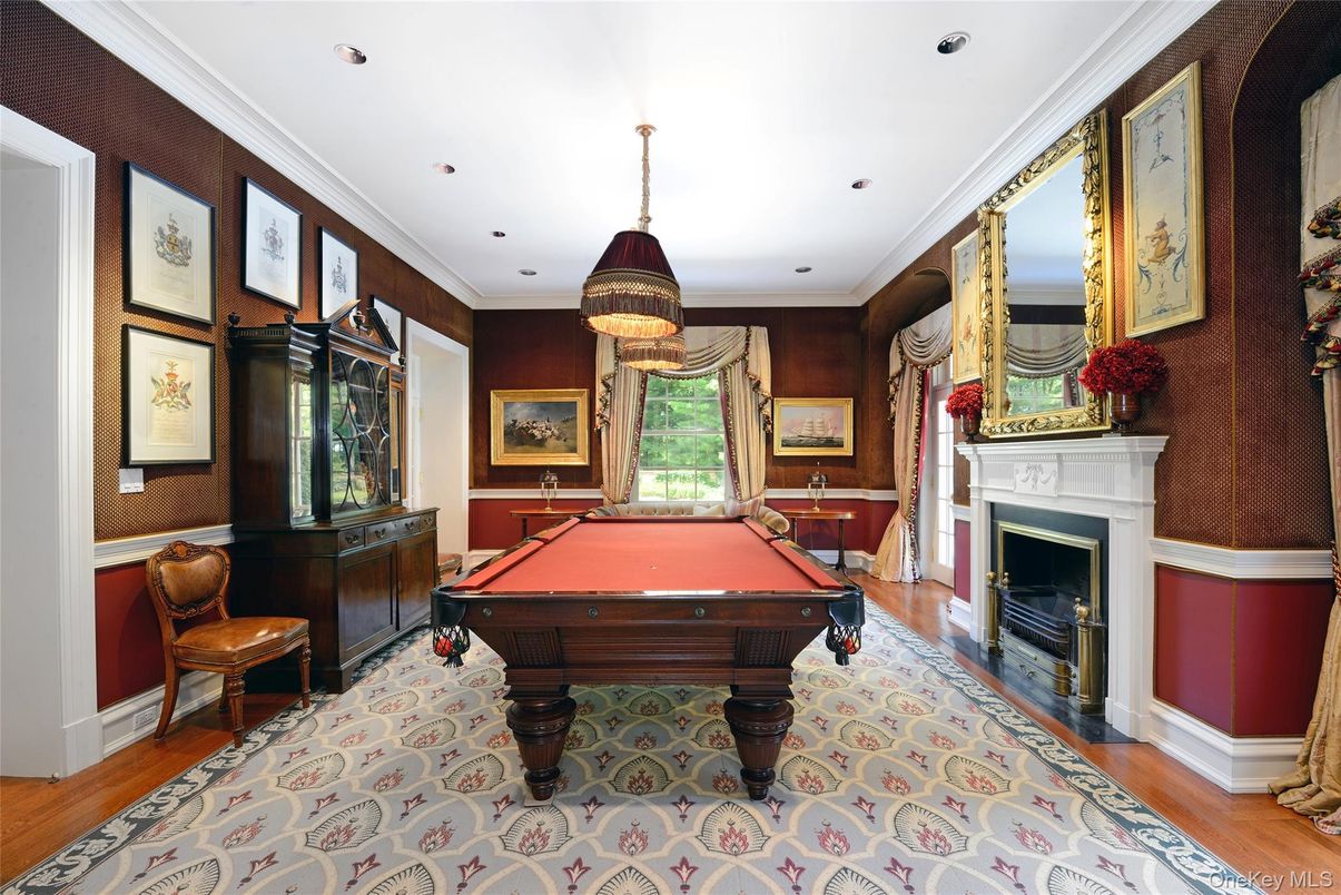 Billiard Table, Fireplace, Game Room, Interior, Recessed Lighting, Wood Texture Flooring