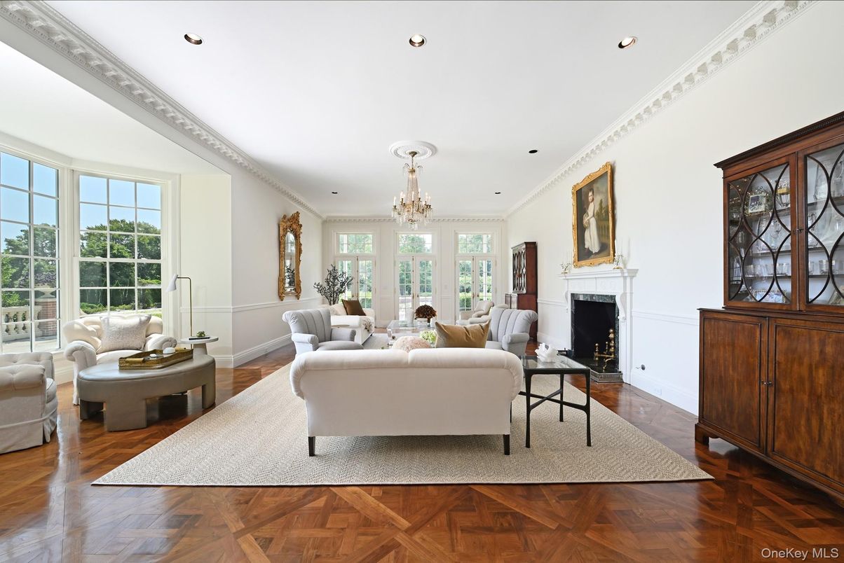 Chandelier, Fireplace, Interior, Living room, Recessed Lighting, Wood Texture Flooring