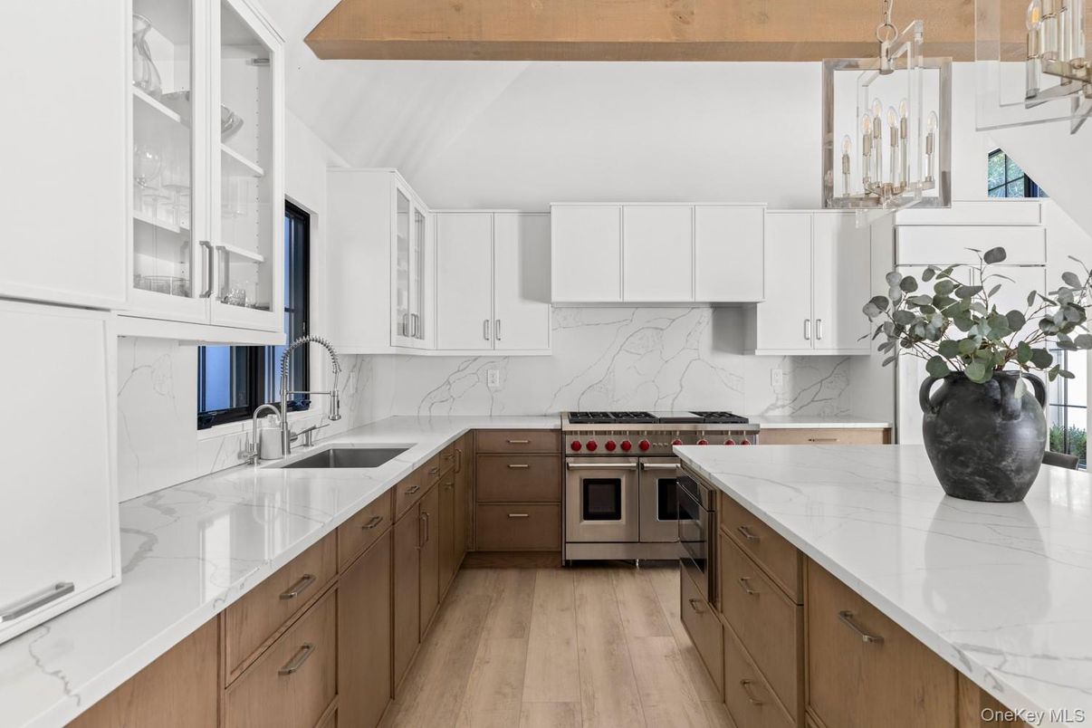 Interior, Kitchen, Marble Walls, Pendant Lights, Stainless Steel Appliances, Wooden Beams, Wood Texture Flooring