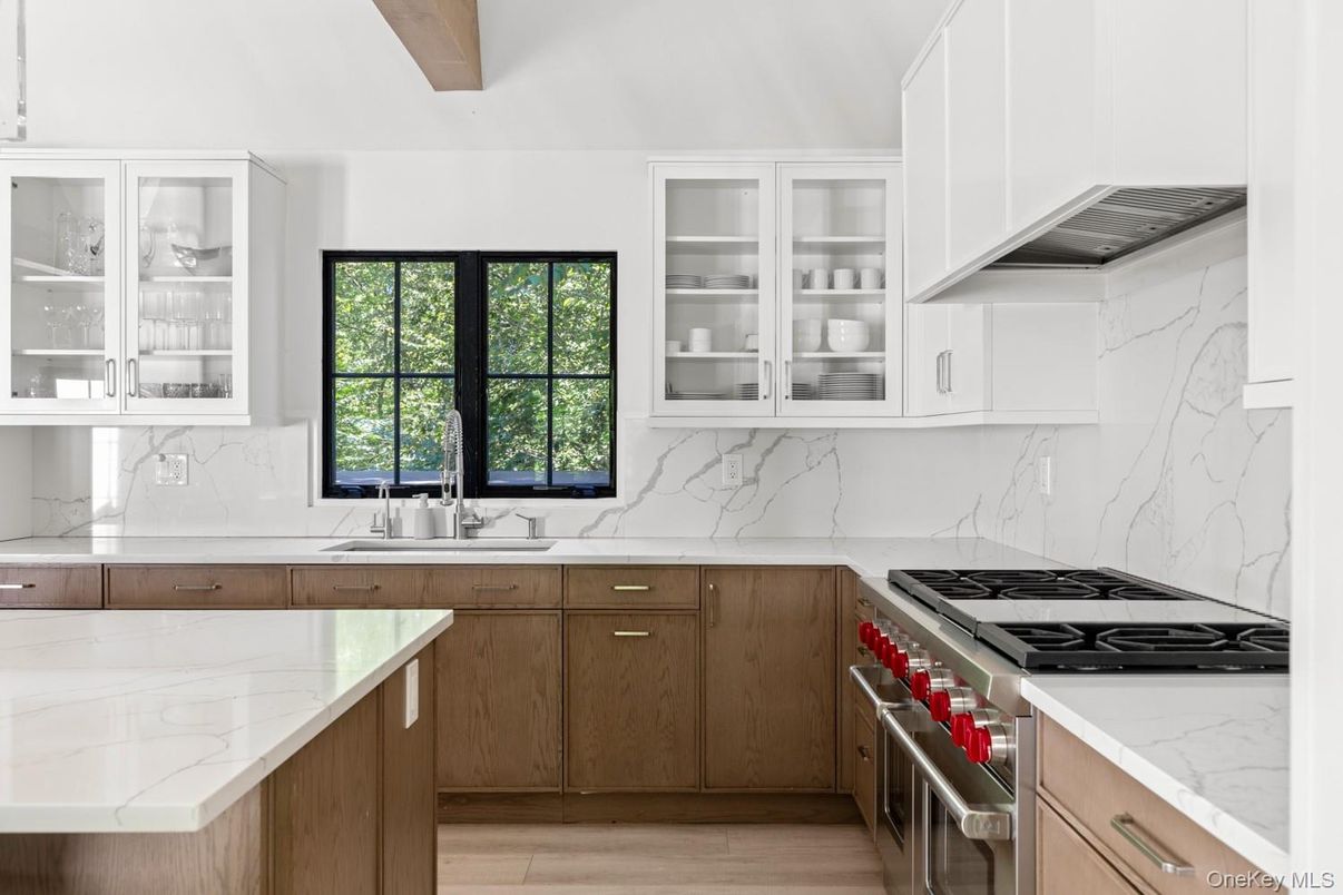 Interior, Kitchen, Marble Walls, Stainless Steel Appliances, Wood Texture Flooring