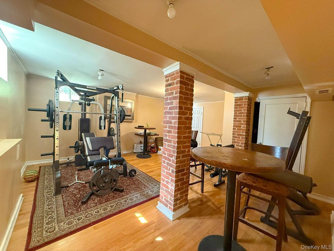Dining room, Fitness Equipment, Interior, Stone Walls, Wood Texture Flooring