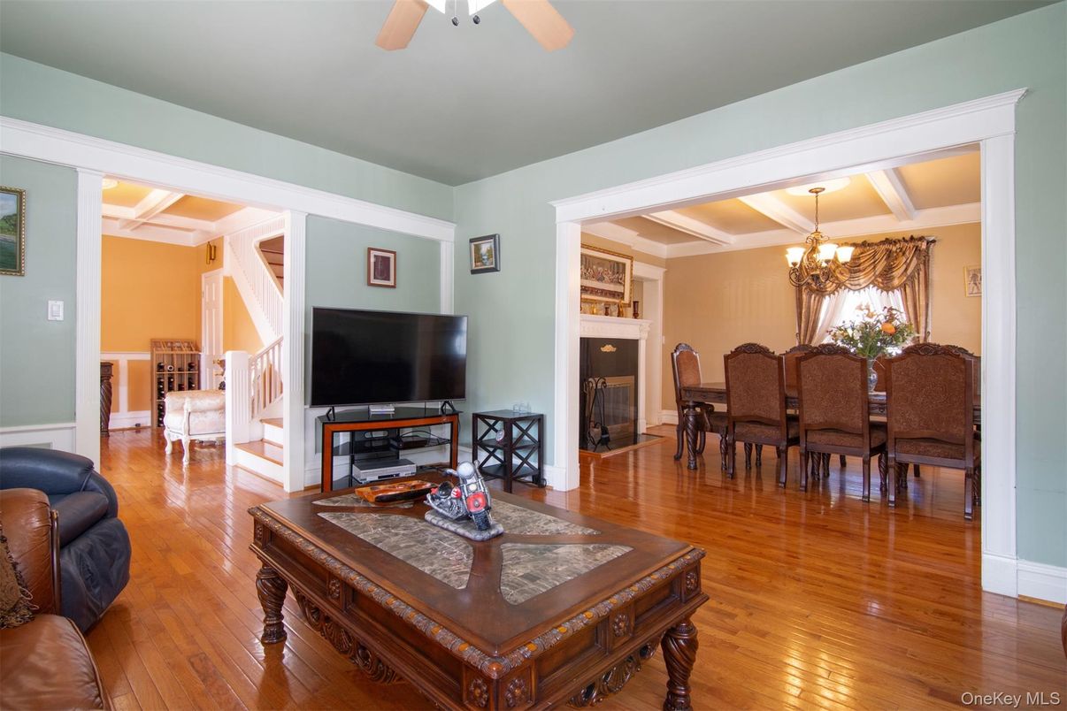 Chandelier, Dining room, Fireplace, Interior, Living room, Wood Texture Flooring