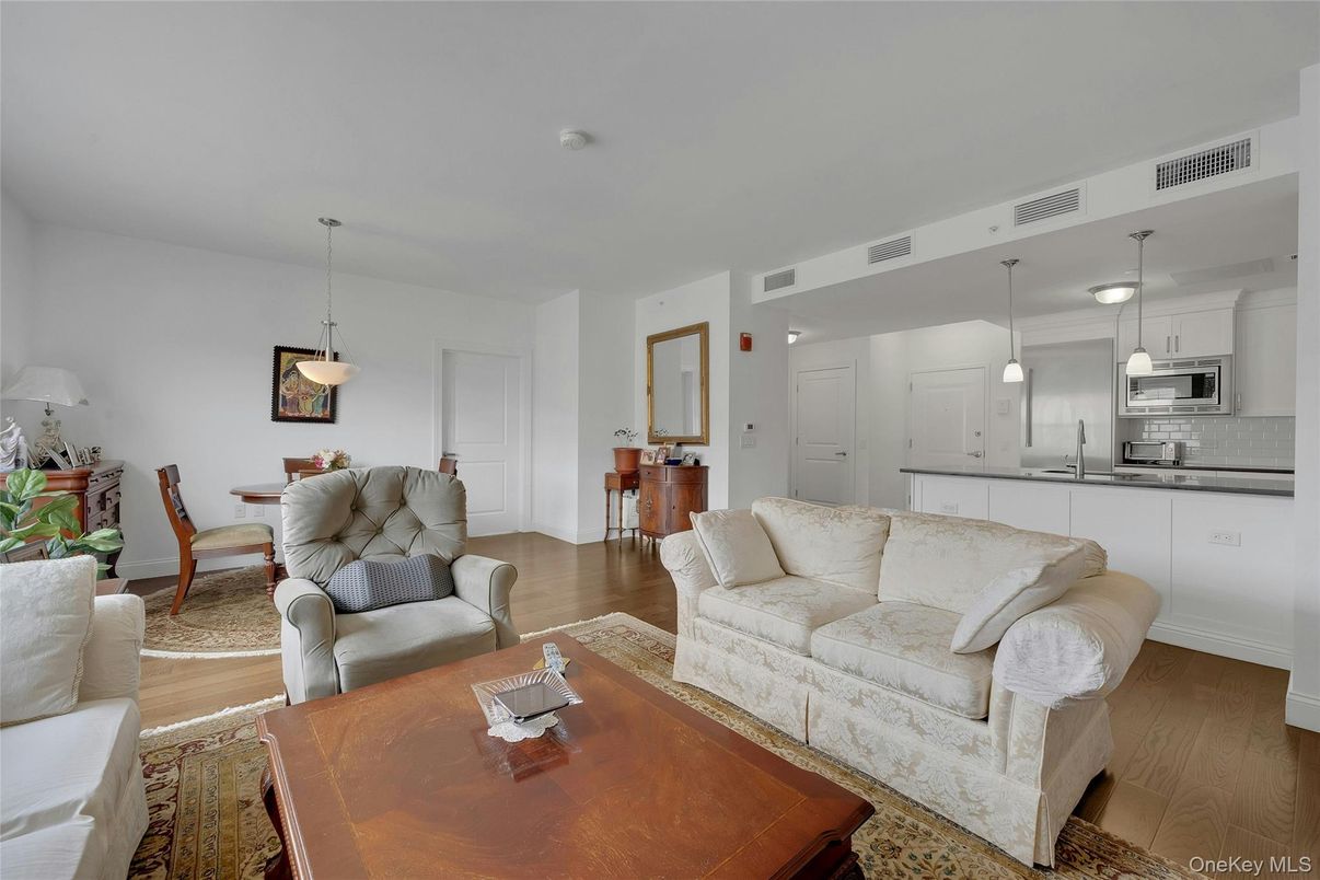 Dining room, Interior, Kitchen, Living room, Pendant Lights, Stainless Steel Appliances, Wood Texture Flooring