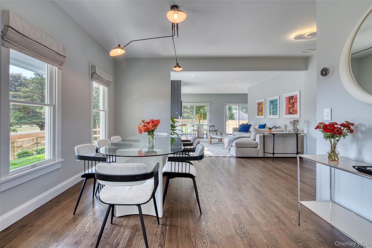Dining room, Interior, Living room, Pendant Lights, Recessed Lighting, Wood Texture Flooring