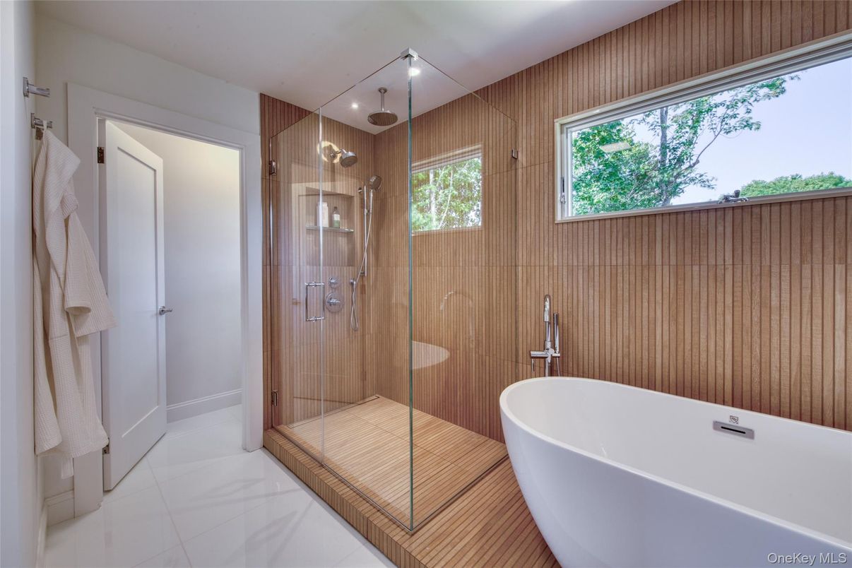 Bathroom, Free Standing Baths, Glass Shower, Interior, Wooden Walls