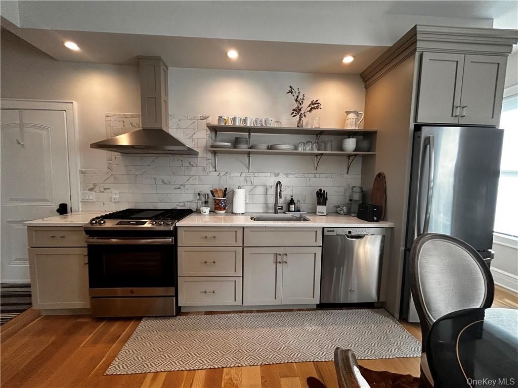 Interior, Kitchen, Recessed Lighting, Stainless Steel Appliances, Wood Texture Flooring