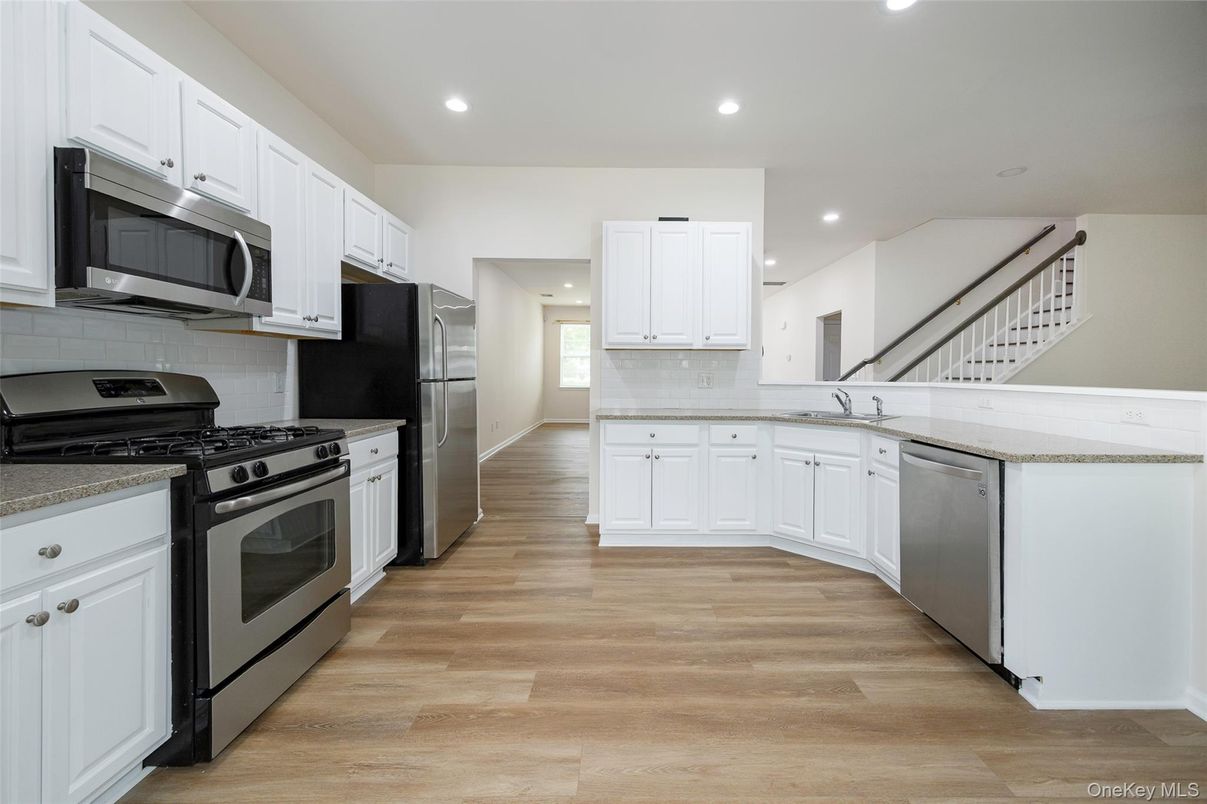 Interior, Kitchen, Recessed Lighting, Stainless Steel Appliances, Wood Texture Flooring