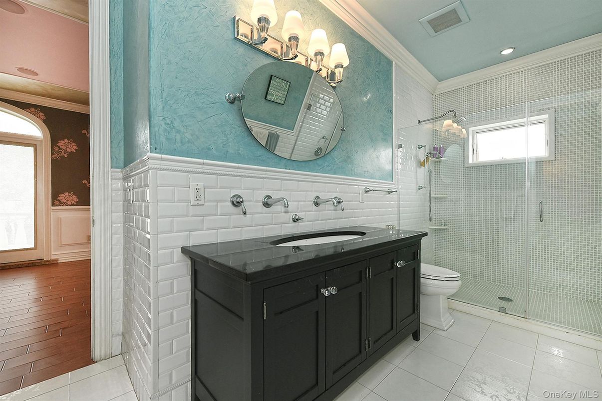 Bathroom, Glass Shower, Interior, Recessed Lighting, Wood Texture Flooring