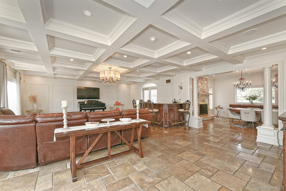 Chandelier, Dining room, Fireplace, Interior, Living room, Recessed Lighting