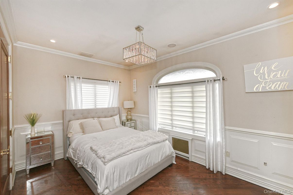 Bedroom, Chandelier, Interior, Recessed Lighting, Wood Texture Flooring
