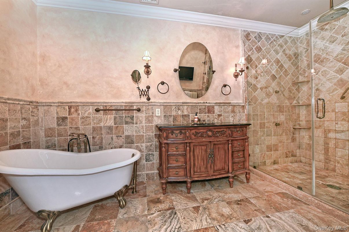 Bathroom, Free Standing Baths, Glass Shower, Interior, Stone Walls