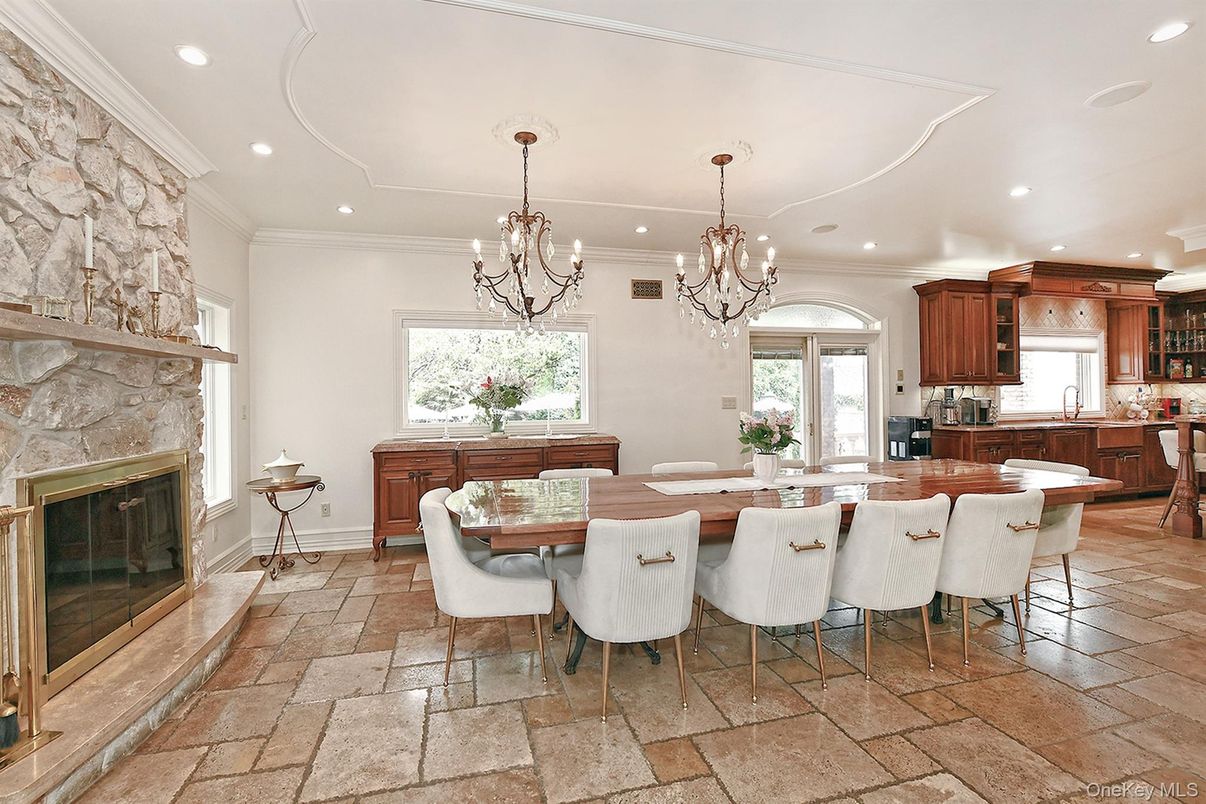 Chandelier, Dining room, Fireplace, Interior, Kitchen, Pendant Lights, Recessed Lighting, Stone Walls