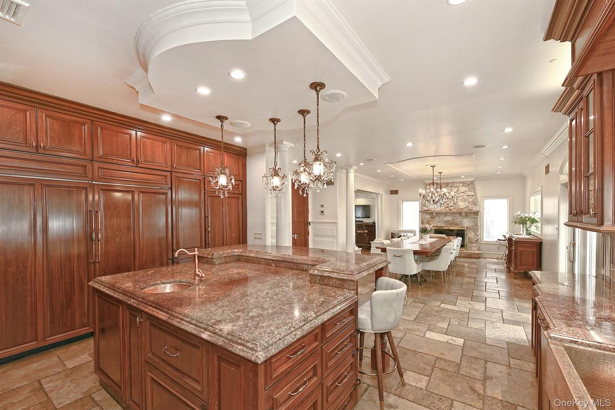 Chandelier, Dining room, Fireplace, Interior, Kitchen, Pendant Lights, Recessed Lighting