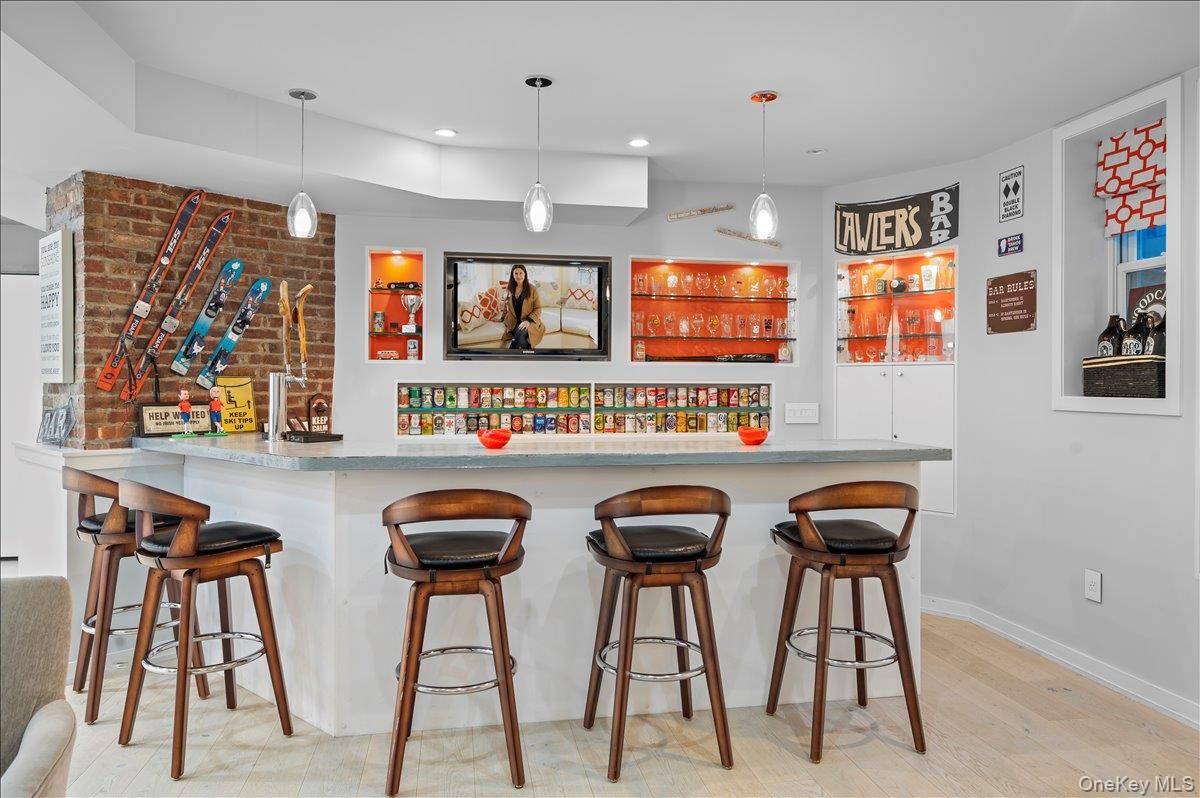 Interior, Pendant Lights, Recessed Lighting, Stone Walls, Wood Texture Flooring
