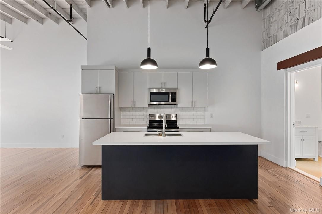 Interior, Kitchen, Pendant Lights, Stainless Steel Appliances, Wood Texture Flooring