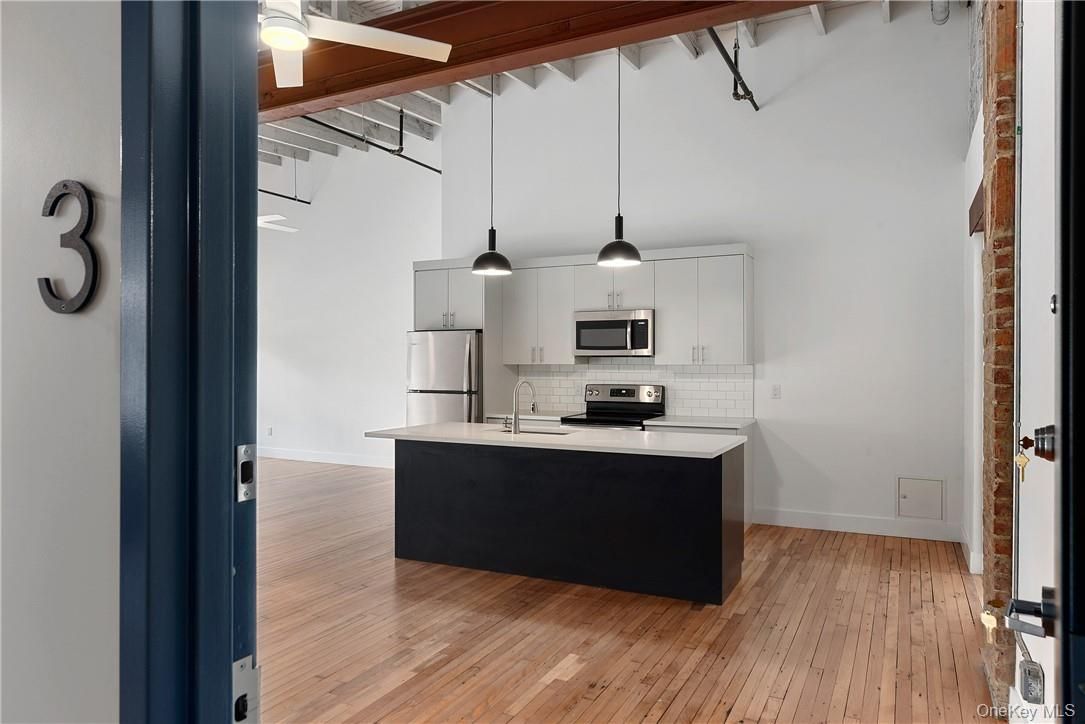 Interior, Kitchen, Pendant Lights, Stainless Steel Appliances, Wood Texture Flooring