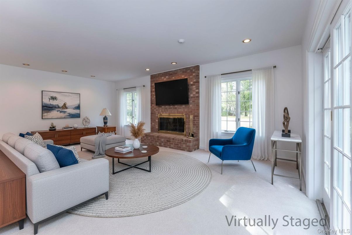 Fireplace, Interior, Living room, Recessed Lighting, Stone Walls