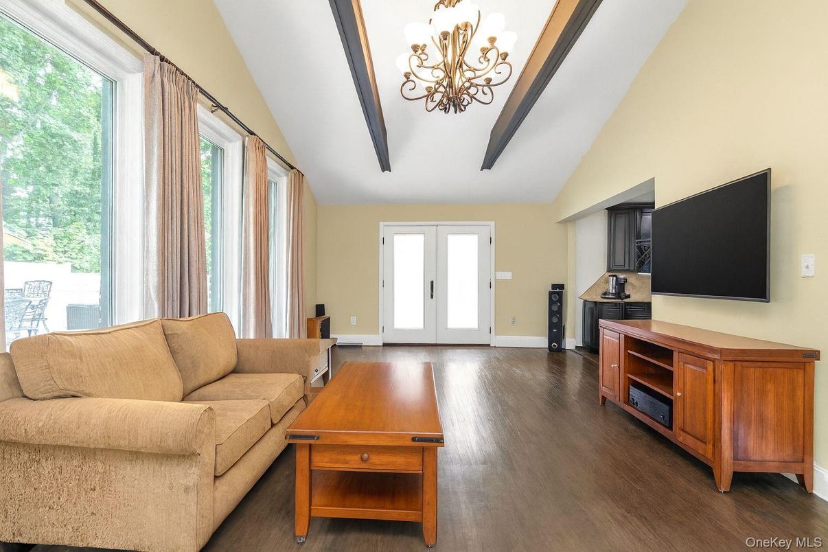 Chandelier, Interior, Living room, Wooden Beams, Wood Texture Flooring