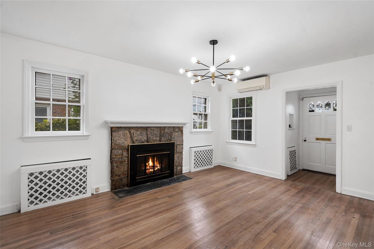 Empty room, Fireplace, Interior, Pendant Lights, Wood Texture Flooring