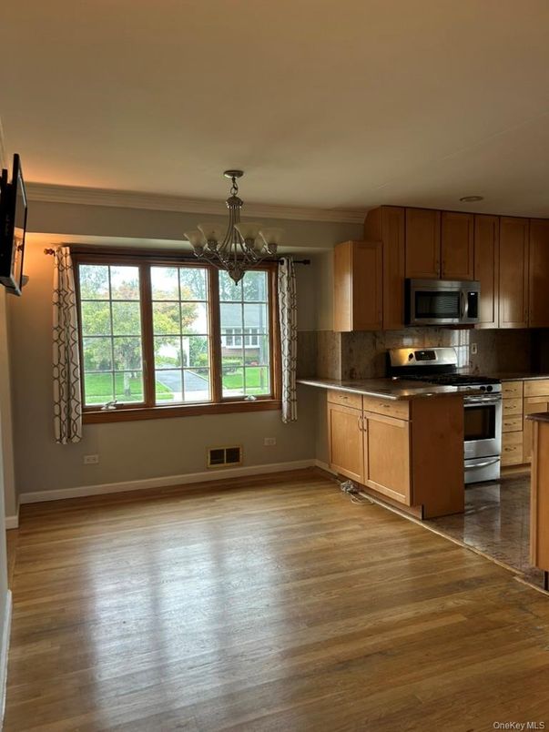 Chandelier, Interior, Kitchen, Stainless Steel Appliances, Wood Texture Flooring