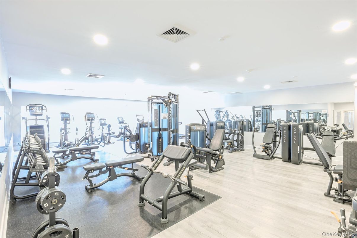 Fitness Equipment, Gym, Interior, Recessed Lighting, Wood Texture Flooring