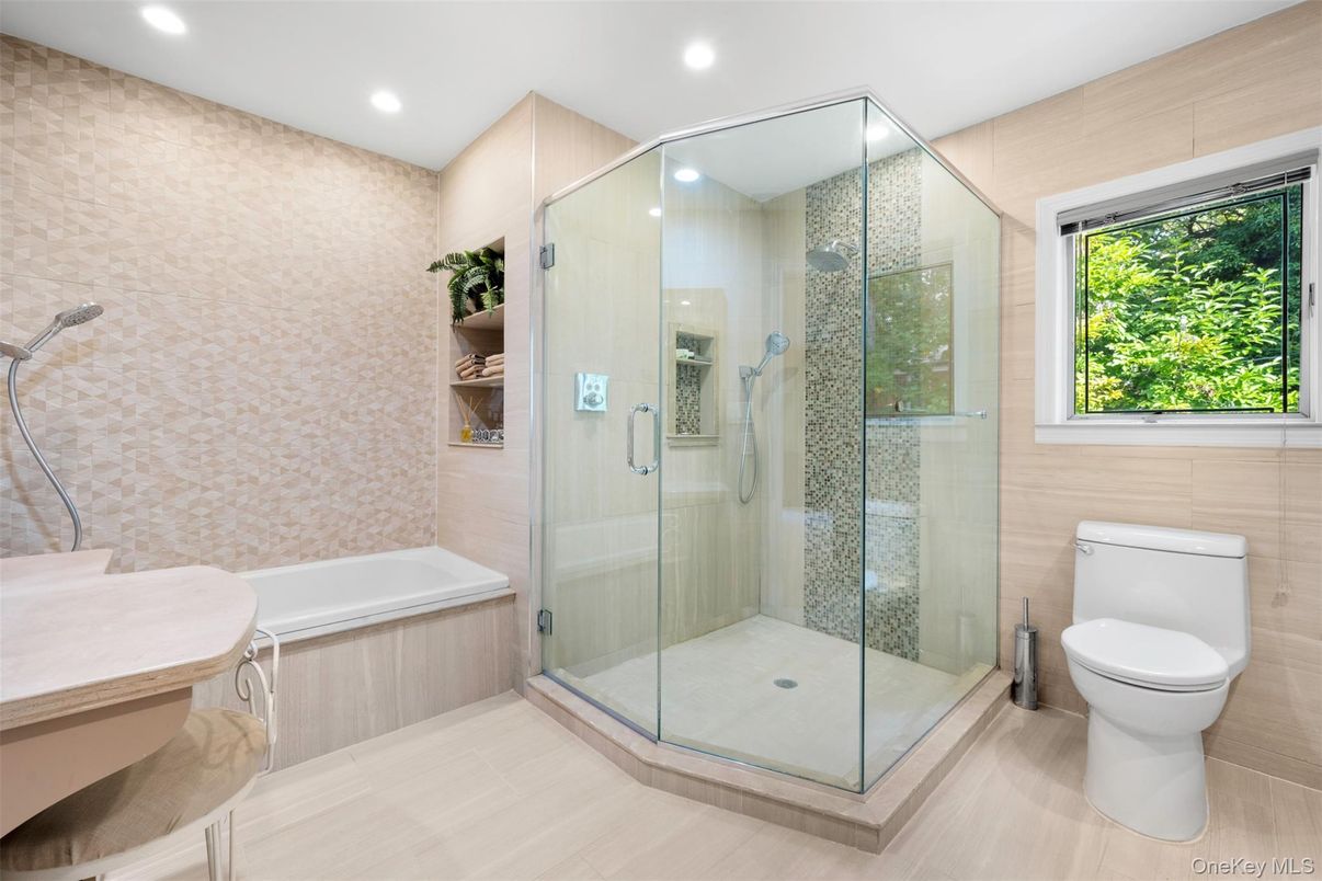 Bathroom, Glass Shower, Interior, Recessed Lighting, Wood Texture Flooring