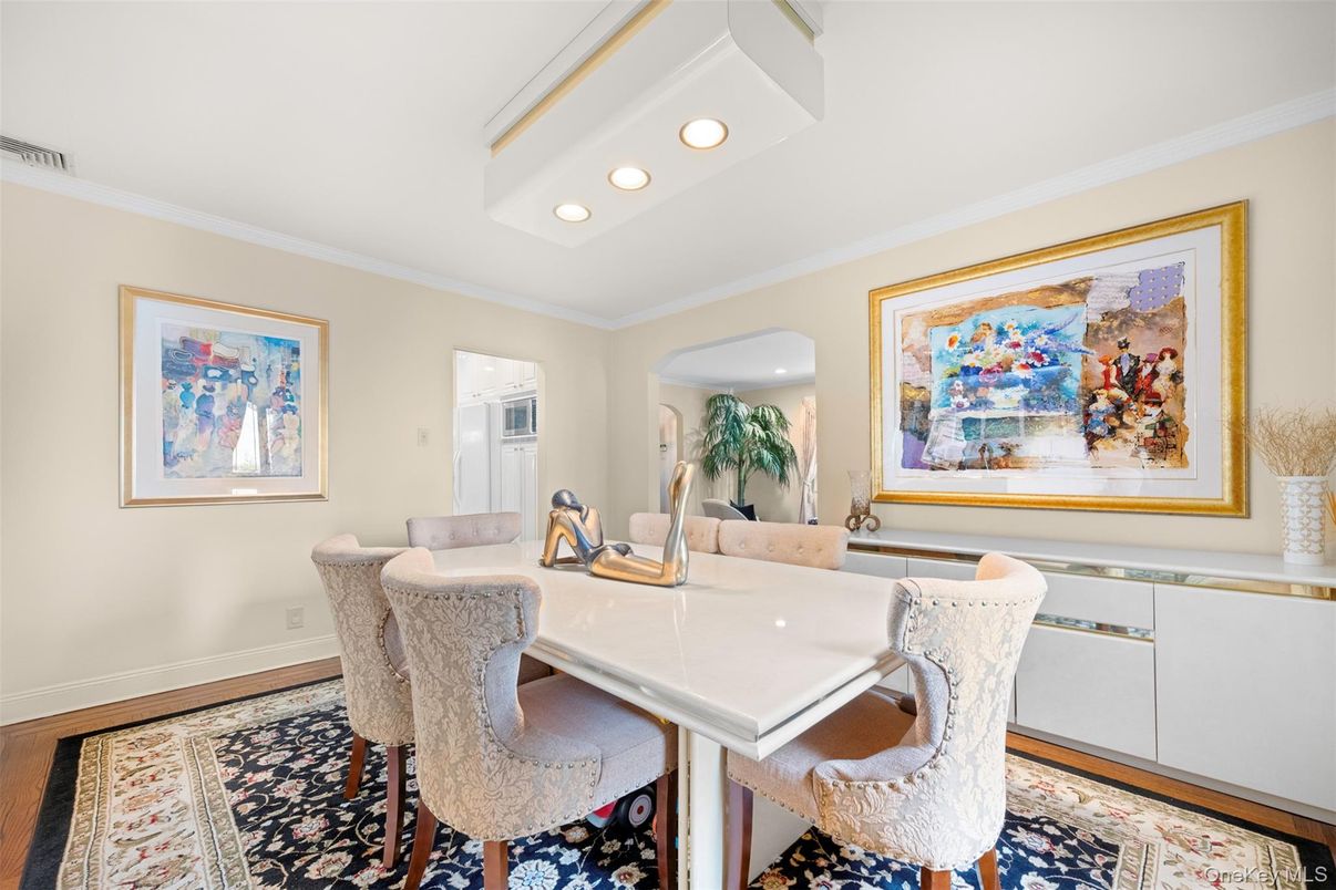 Dining room, Interior, Recessed Lighting, Wood Texture Flooring