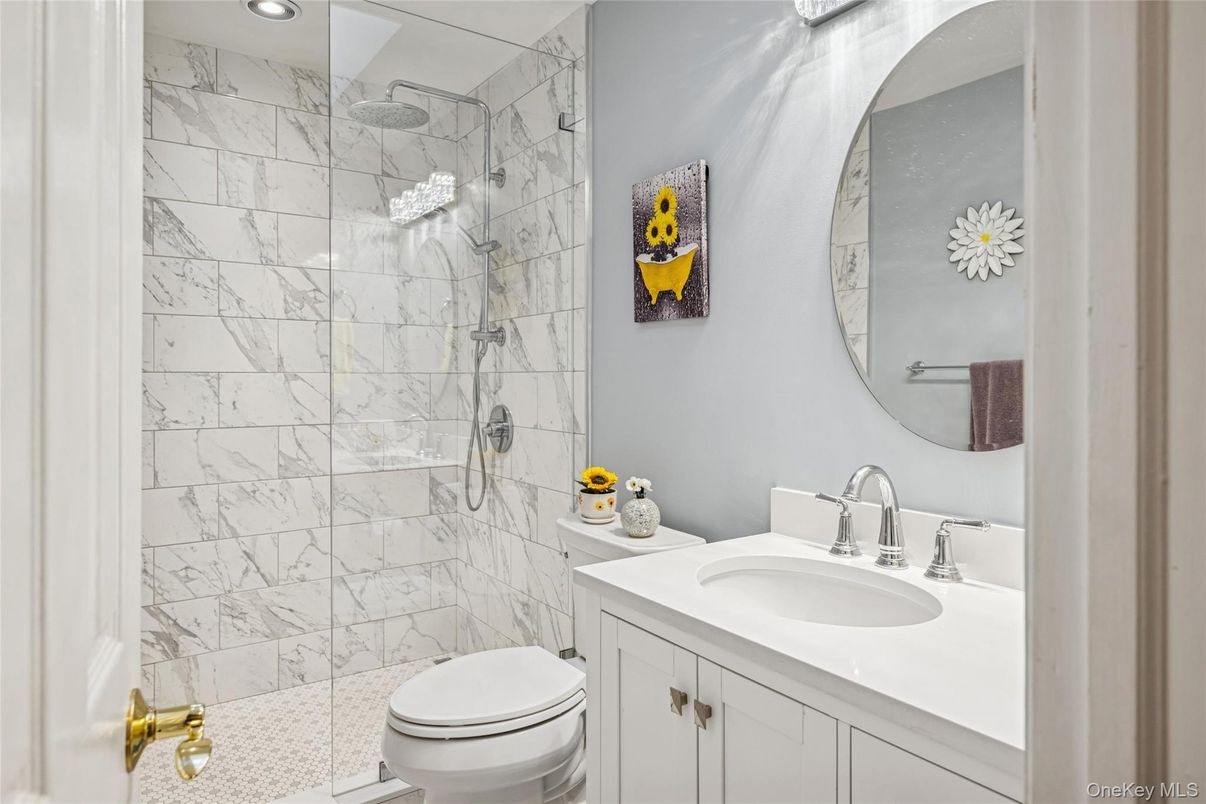 Bathroom, Glass Shower, Interior, Marble Walls, Recessed Lighting