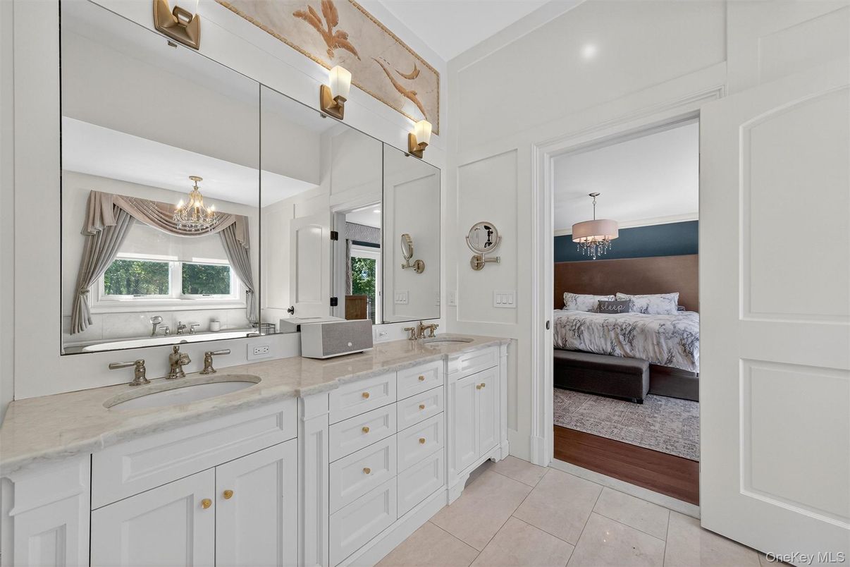 Bathroom, Bedroom, Chandelier, Dual Sink Vanities, Interior, Wood Texture Flooring