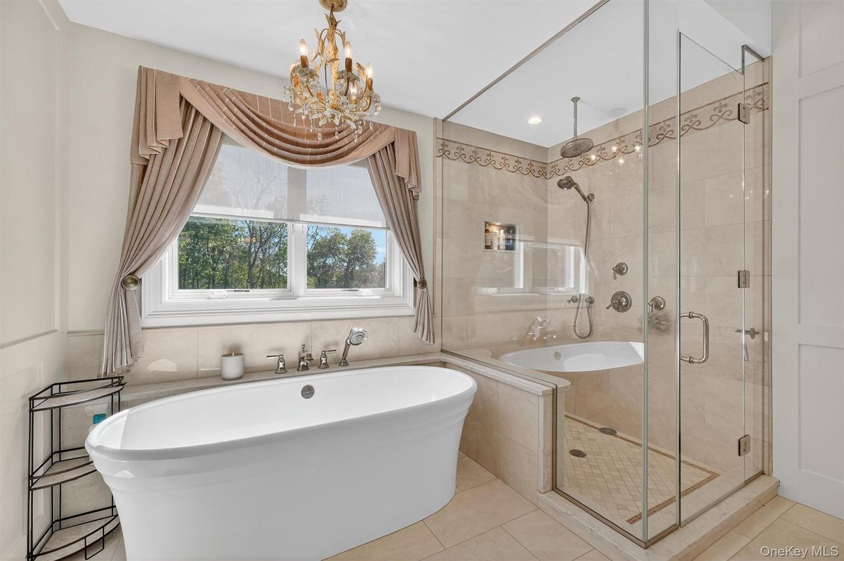 Bathroom, Chandelier, Free Standing Baths, Glass Shower, Interior, Recessed Lighting