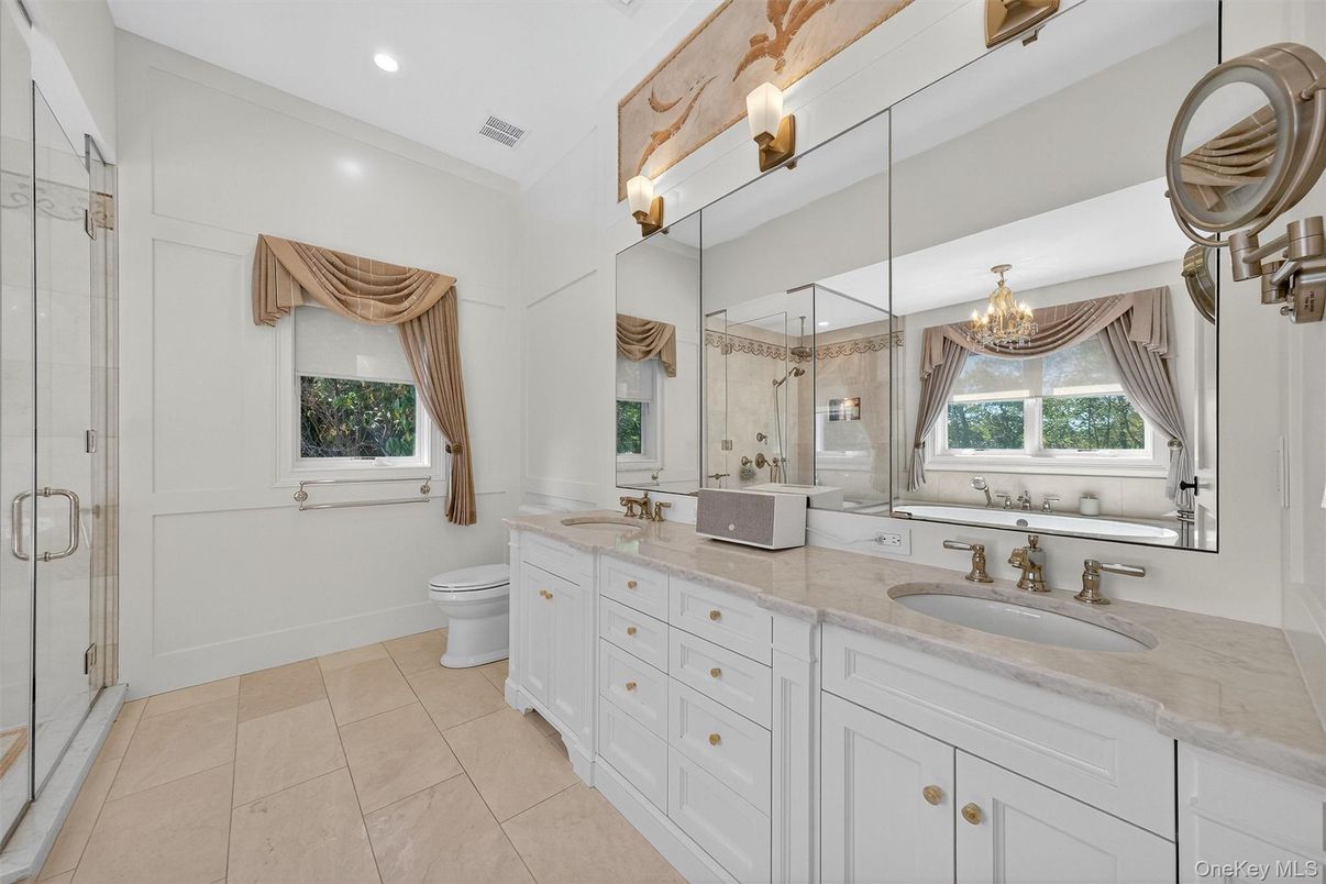 Bathroom, Chandelier, Dual Sink Vanities, Glass Shower, Interior, Recessed Lighting