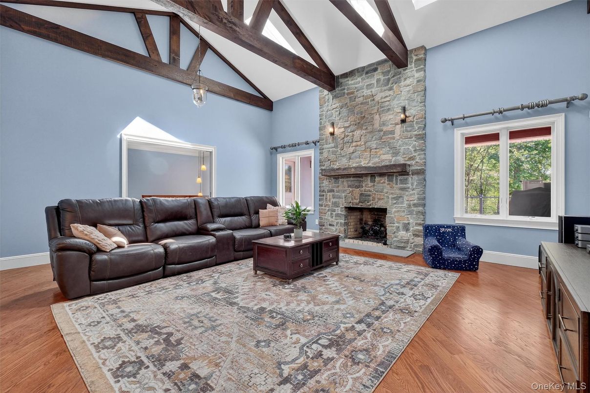 Fireplace, Interior, Living room, Stone Walls, Wooden Beams, Wood Texture Flooring