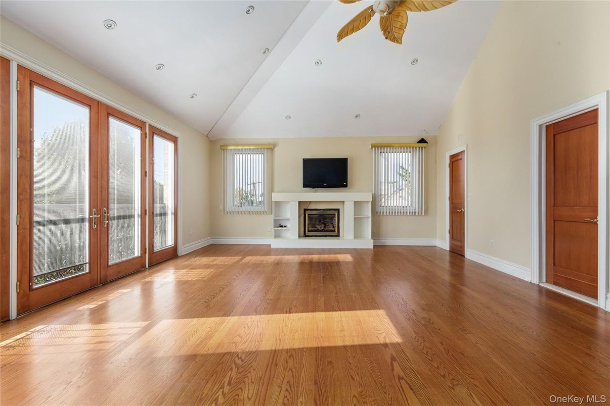 Empty room, Fireplace, Interior, Recessed Lighting, Wood Texture Flooring