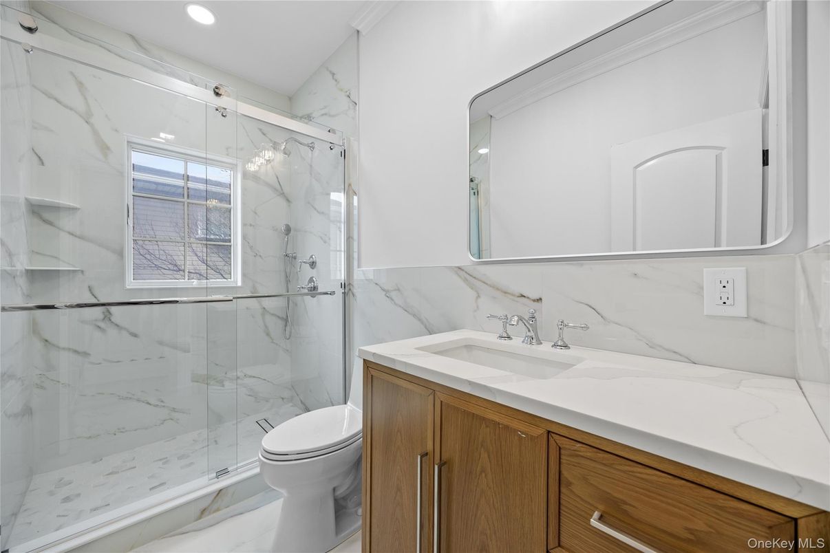 Bathroom, Glass Shower, Interior, Marble, Marble Walls, Recessed Lighting