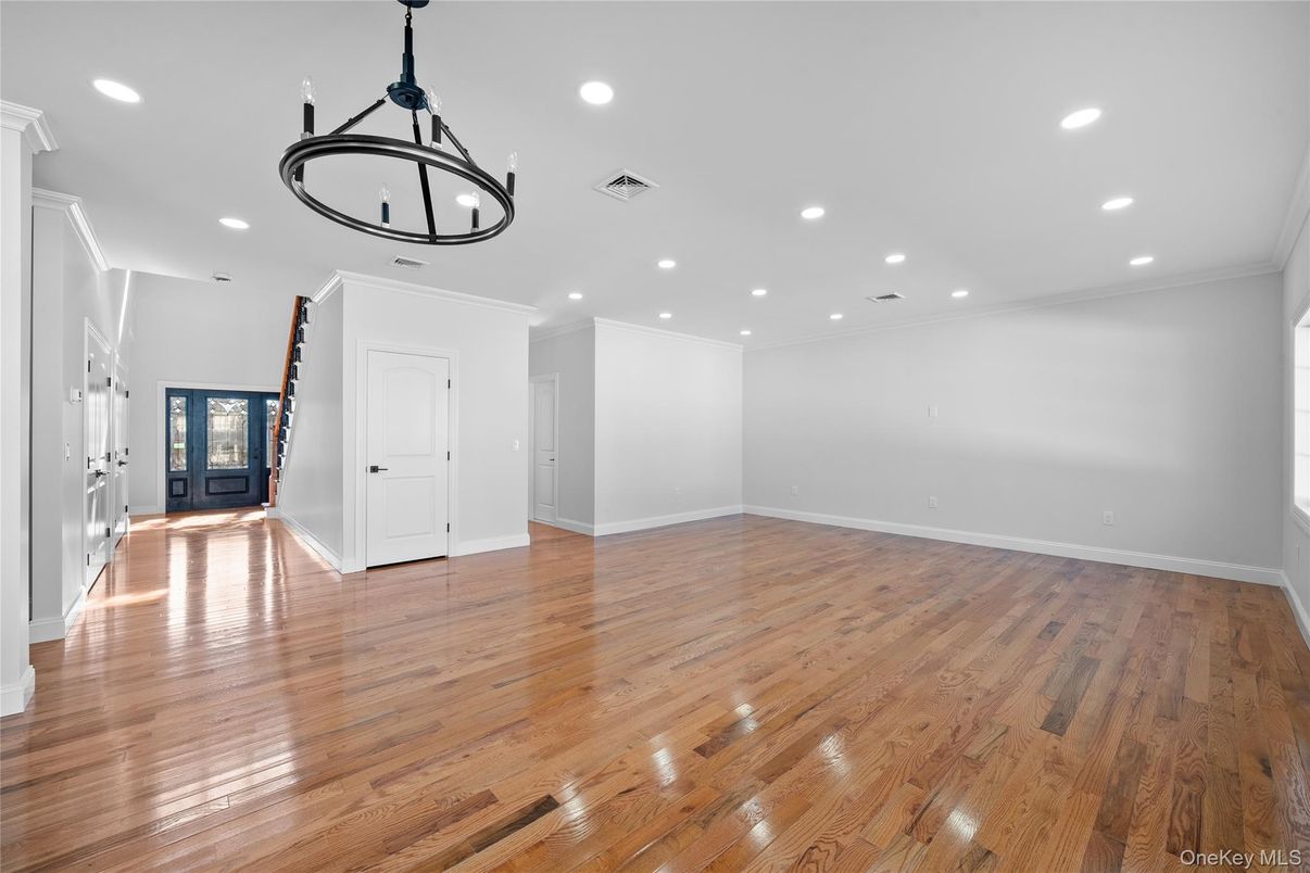 Chandelier, Empty room, Interior, Recessed Lighting, Wood Texture Flooring