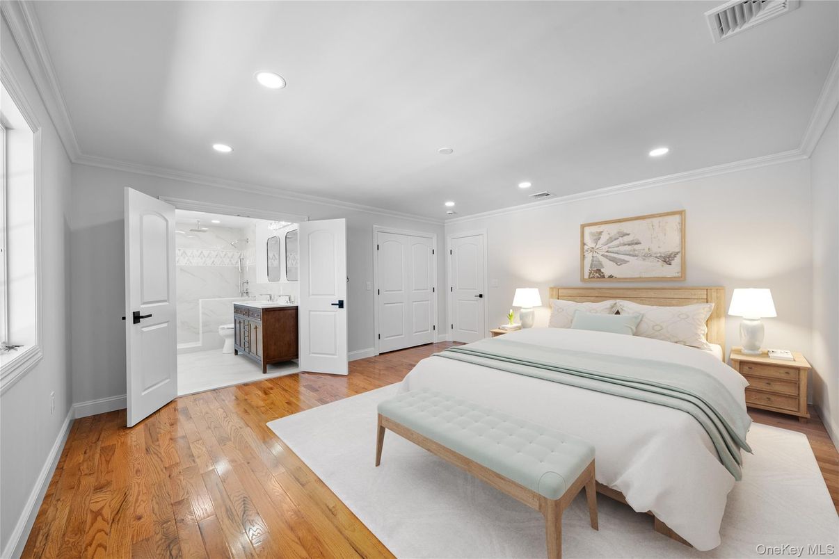 Bedroom, Interior, Marble Walls, Recessed Lighting, Wood Texture Flooring