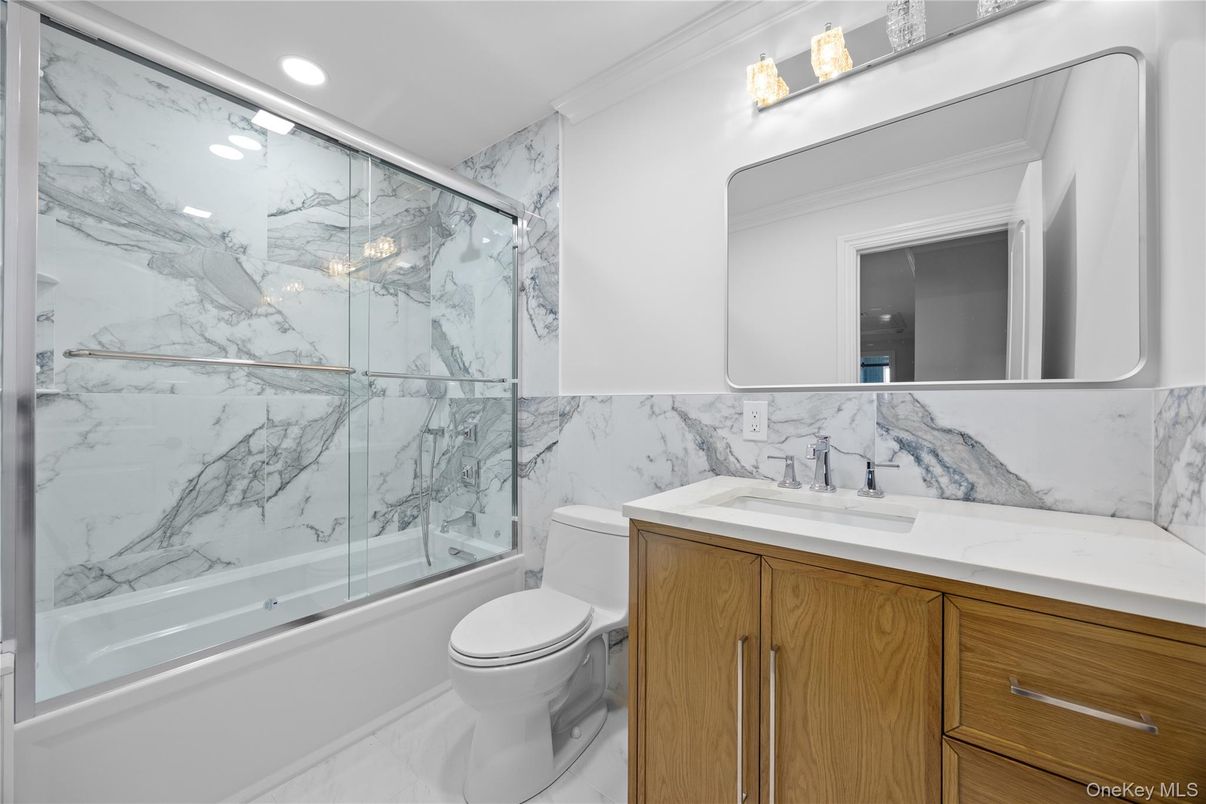 Bathroom, Glass Shower, Interior, Marble Walls, Recessed Lighting