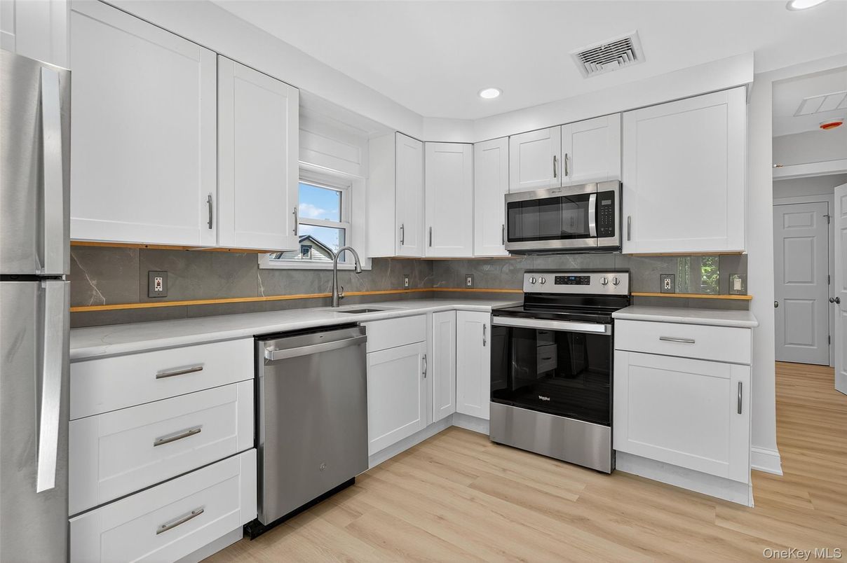 Interior, Kitchen, Recessed Lighting, Stainless Steel Appliances, Wood Texture Flooring