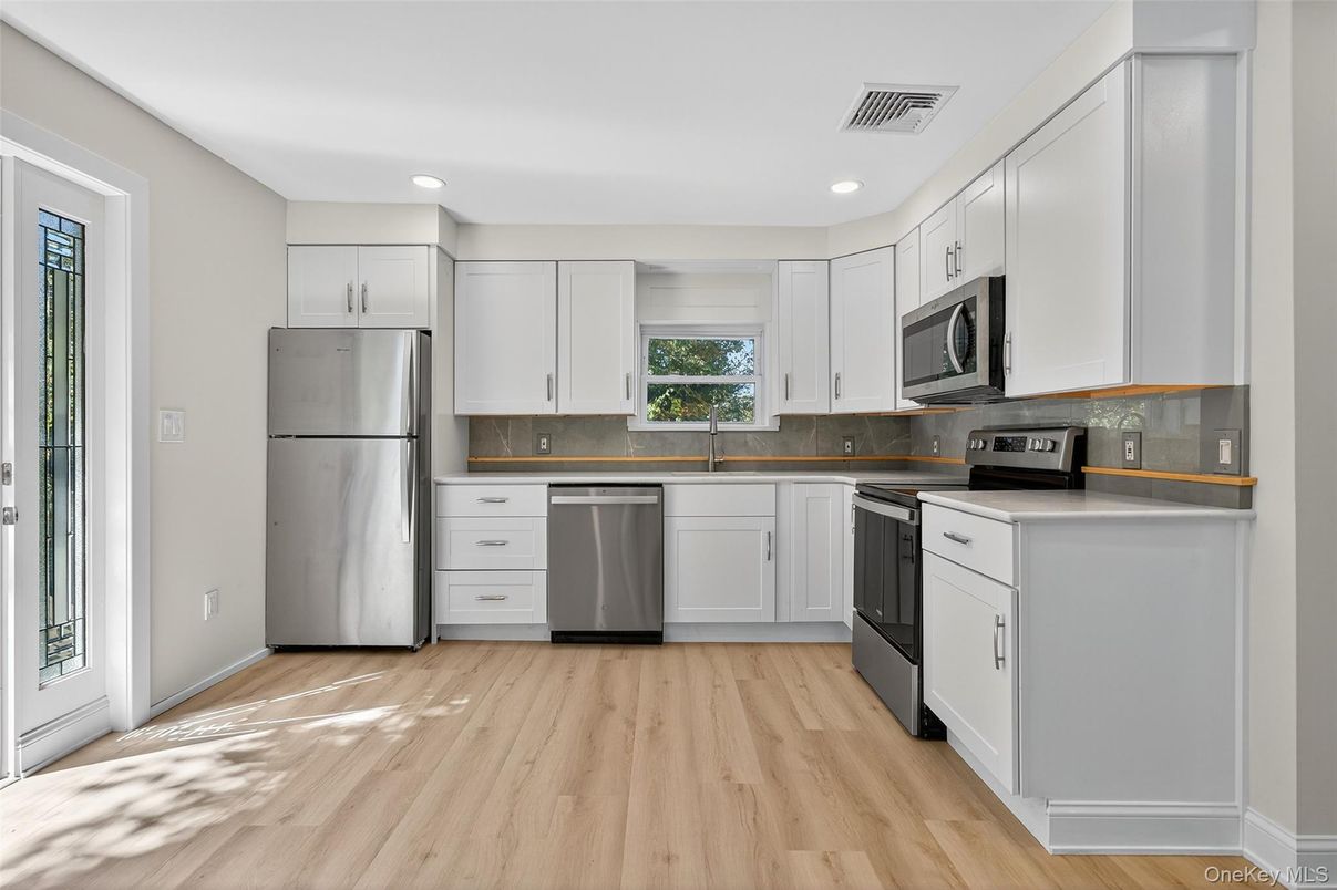 Interior, Kitchen, Recessed Lighting, Stainless Steel Appliances, Wood Texture Flooring