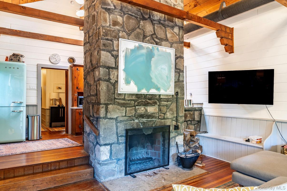 Fireplace, Interior, Pendant Lights, Stone Walls, Wooden Beams, Wood Texture Flooring