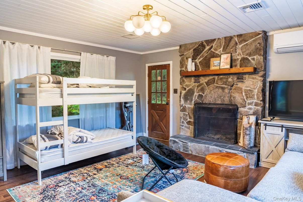 Fireplace, Interior, Living room, Stone Walls, Wood Texture Flooring