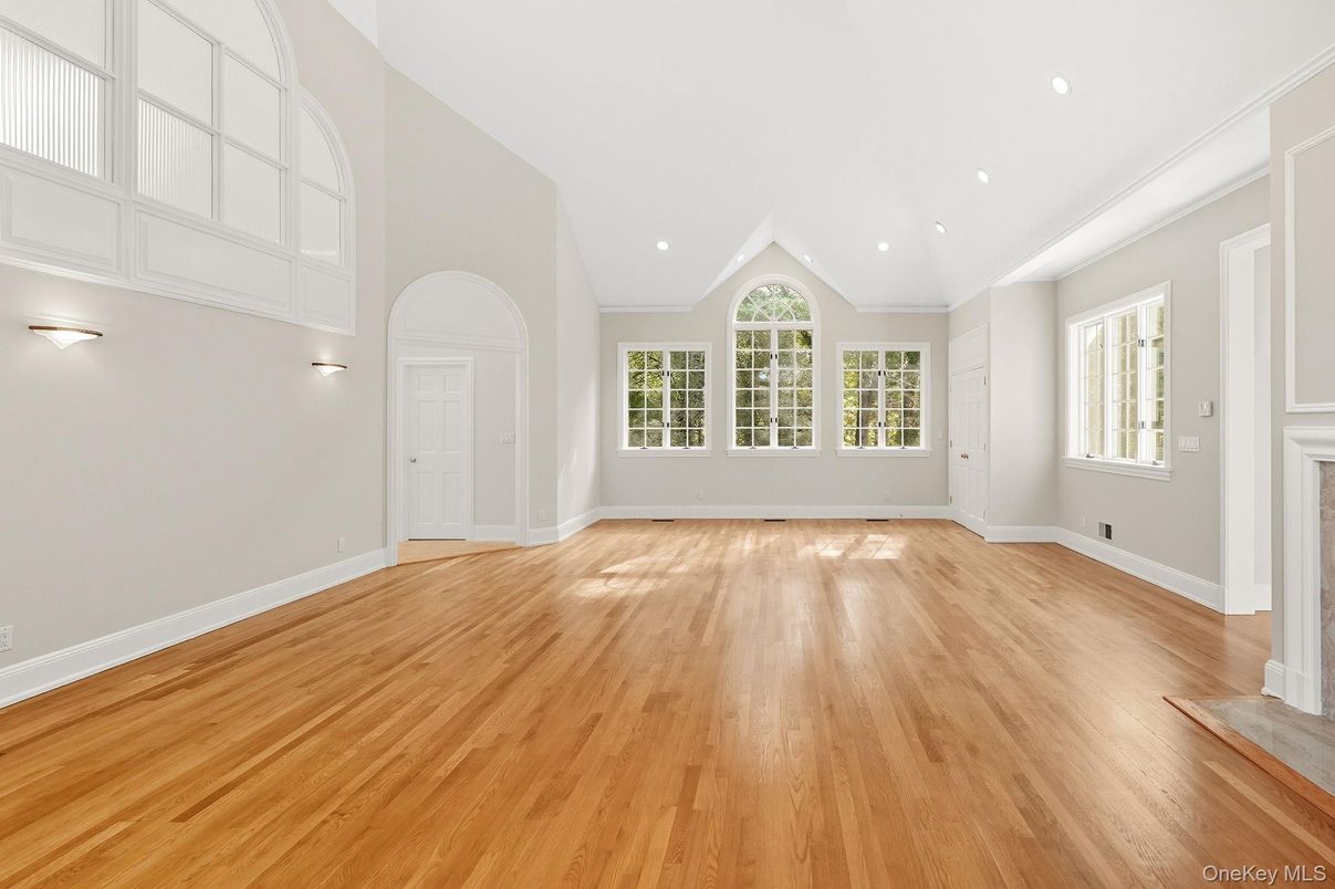 Empty room, Fireplace, Interior, Recessed Lighting, Wood Texture Flooring