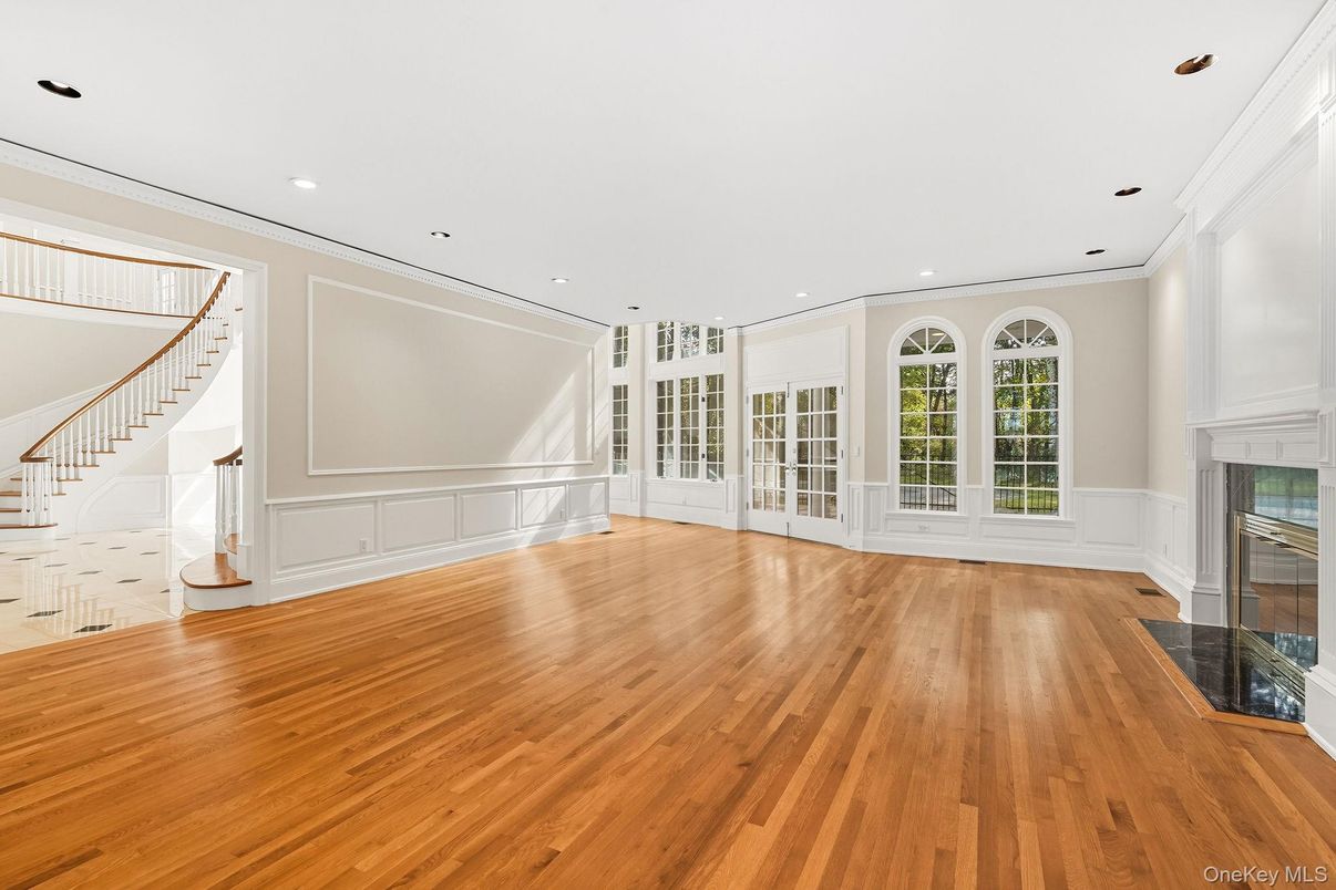 Empty room, Fireplace, Interior, Recessed Lighting, Wood Texture Flooring