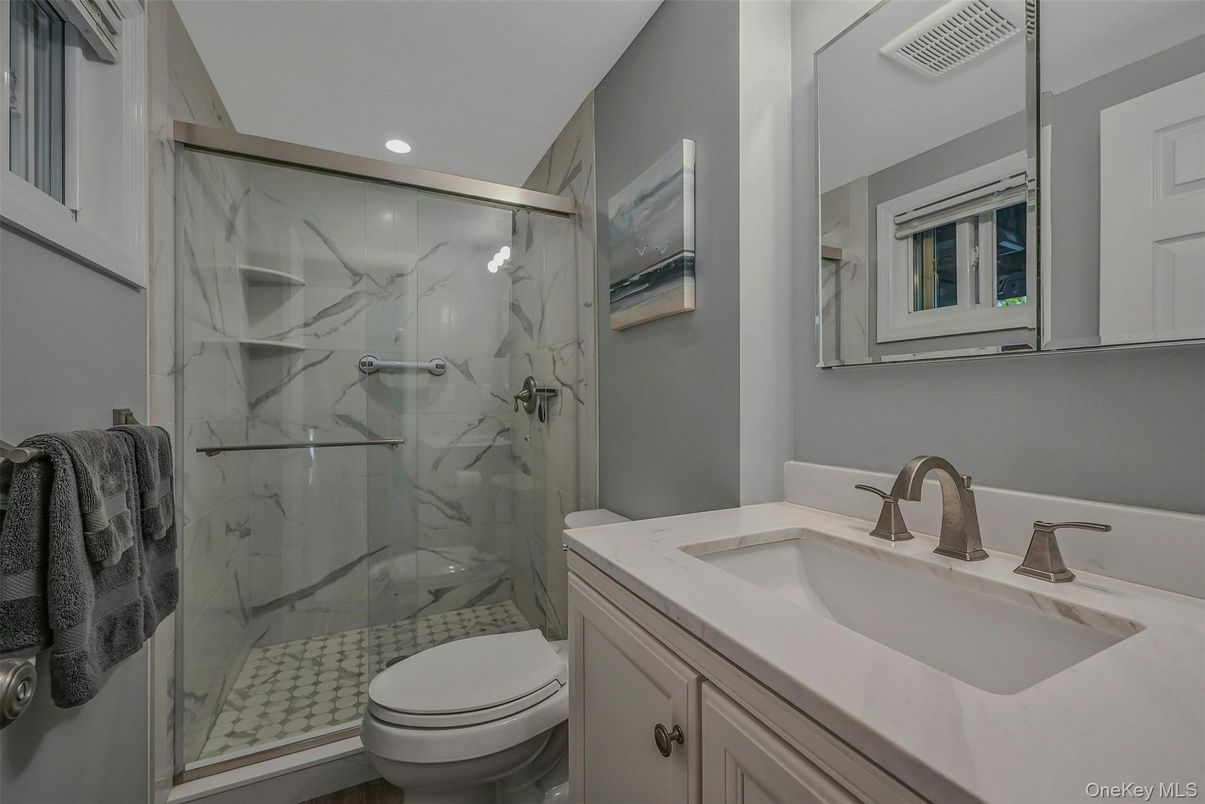 Bathroom, Glass Shower, Interior, Marble Walls, Recessed Lighting
