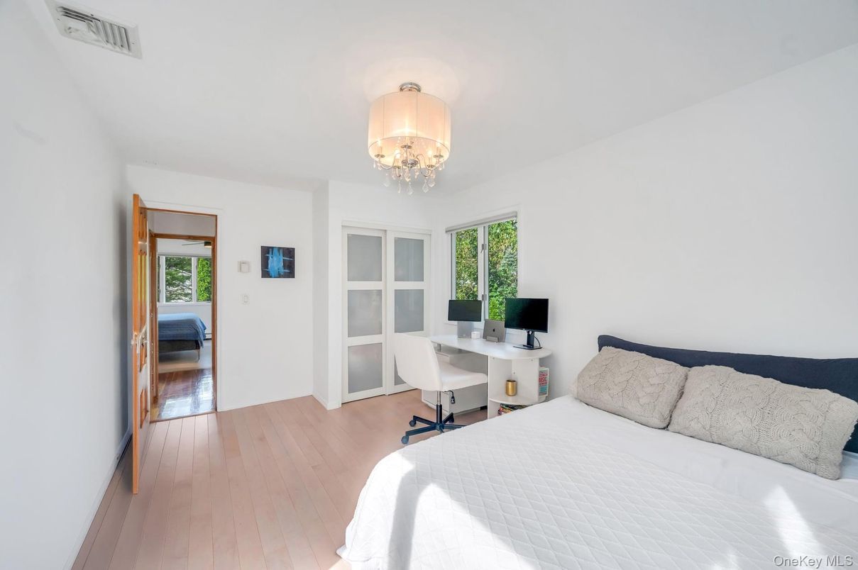Bedroom, Chandelier, Home Office, Interior, Wood Texture Flooring