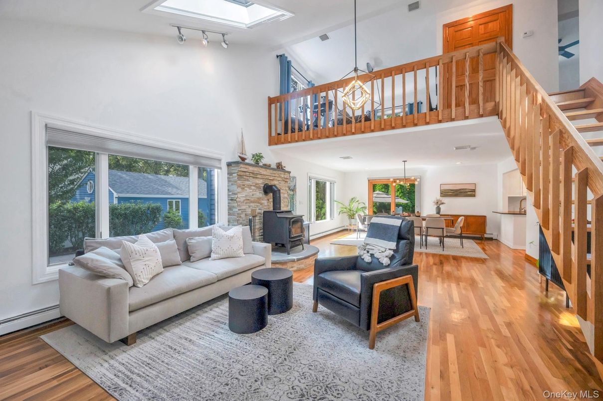 Dining room, Fireplace, Interior, Living room, Pendant Lights, Wood Texture Flooring