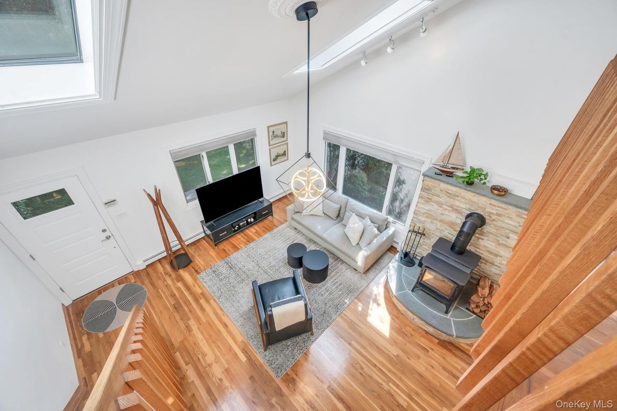 Fireplace, Interior, Living room, Pendant Lights, Wood Texture Flooring